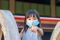 SocialÃ¢â¬â¹ Distance, Asian child girl smiling and wearing fabric mask Royalty Free Stock Photo